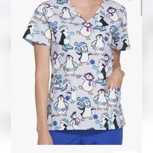 Scrubstar Penguin Playtime Winter Holiday V-Neck Scrub Top Gray & Multi Size XL